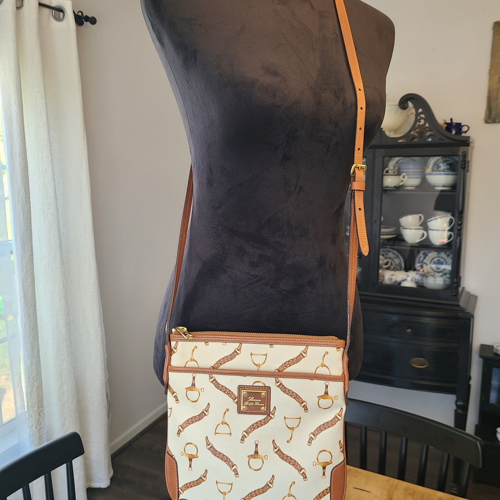 Lauren Ralph Lauren Cream Canvas Crossbody with Tan Trim and Equestrian Print